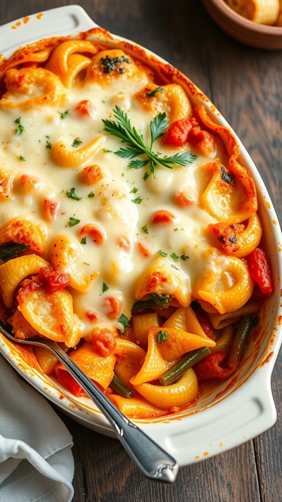 A cozy casserole with pasta, vegetables, and cheese, served in a rustic dish on a wooden table.